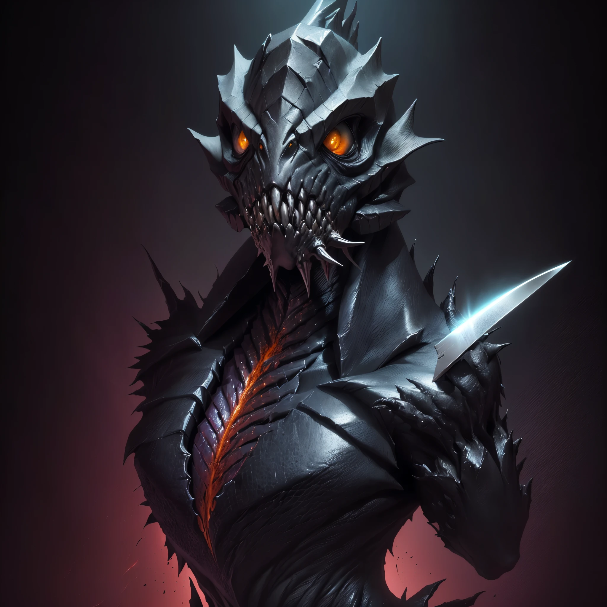 A humanoid creature,It has a human body and horse legs,Bone faceless sheep's head,The beak and feathers of a crow,red color eyes,Black bony shell,Tentacles of echinoderms,On the back grow swan wings,Black-red spine,A golden halo on his head,The antlers are covered with cyan candles,Arthropods with praying mantises,Crab's tongs,Scorpion's tail,Cyan cervical vertebrae,The fangs of the snake,The carapace of the beetle,Compound eyes of insects,The claws of the wolf,Lizard scales,Fins of fish,Spikes are born on the arms