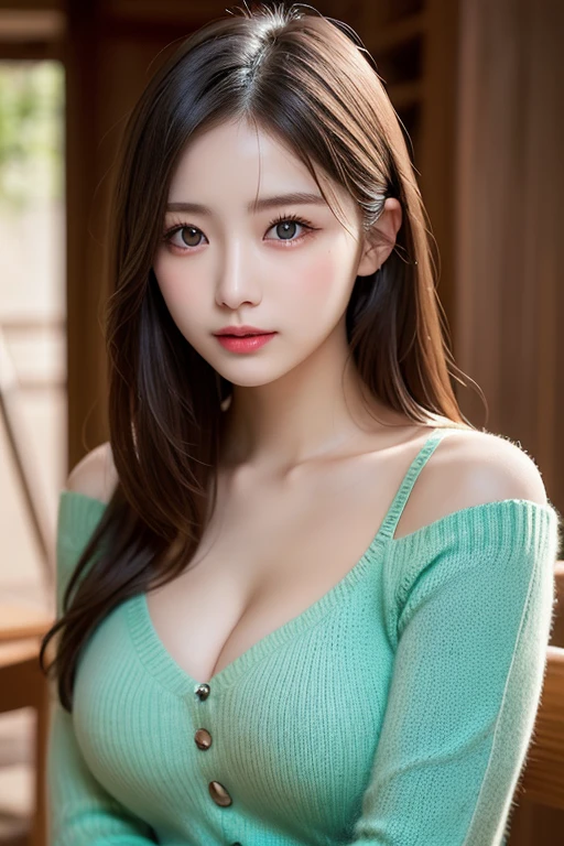 NSFW, table top to cover upper arms,  Redeem, Realistic, finely,  High Resolution , 8k wallpaper,   Perfect Dynamic Composition , Beautiful and delicate eyes,  medium hair ,  Translucent Light Blue Knitted Sweater、Shoulders are exposed、Bold cleavage exposure、 Big, Fuller Breasts,  random sexy poses,Chest to Chest、(Tight Green Knitwear)、(Breast swelling 1.2)、Laughter、 Open your mouth 、Resort View、Japanese Female 22 Years Old 、(Hollow Eyes.4)、Adult Beauty、