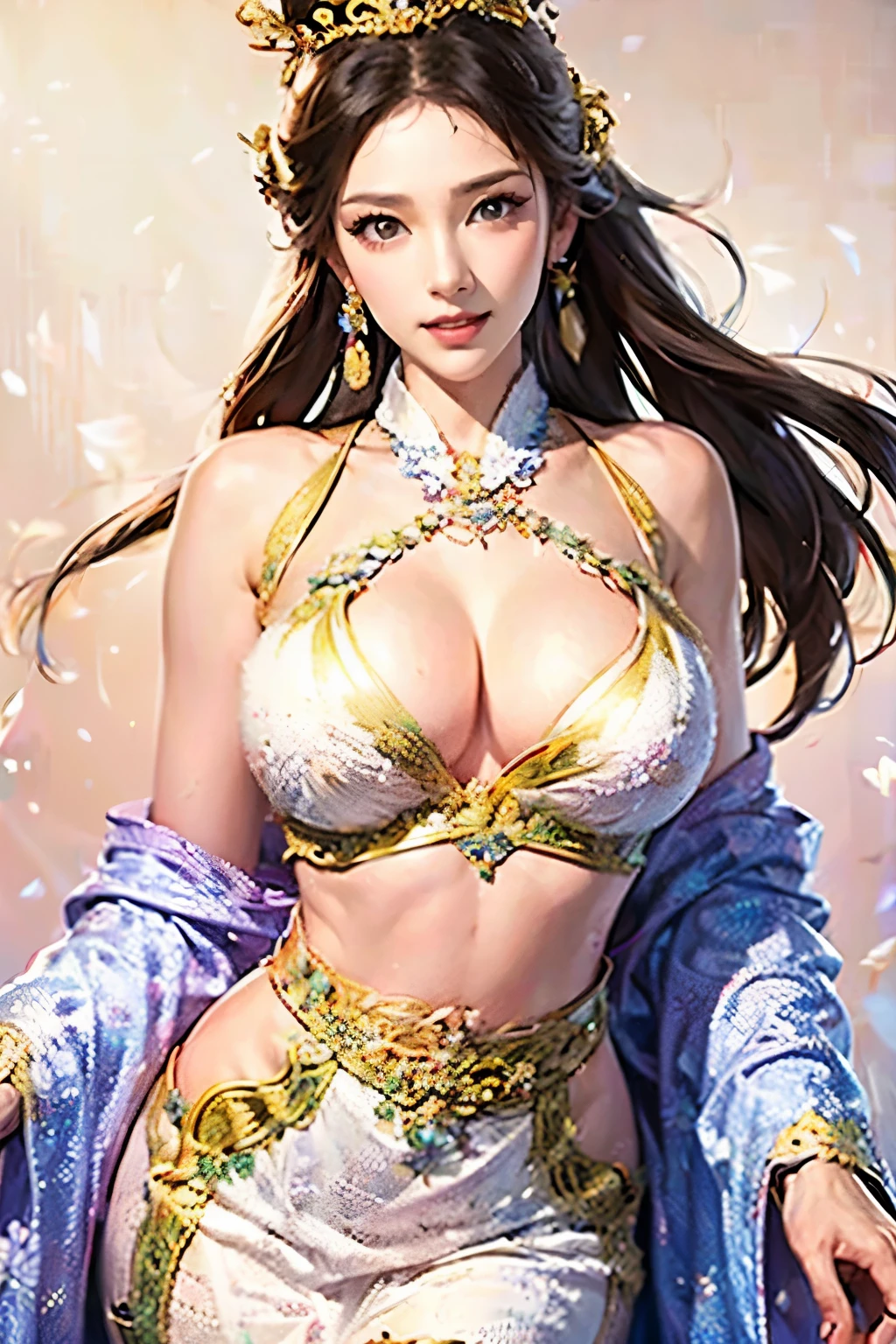  beautiful woman, Three Kingdoms costume ,  dynamic pose, A seductive expression, sexy body, neutral color costume , High definition