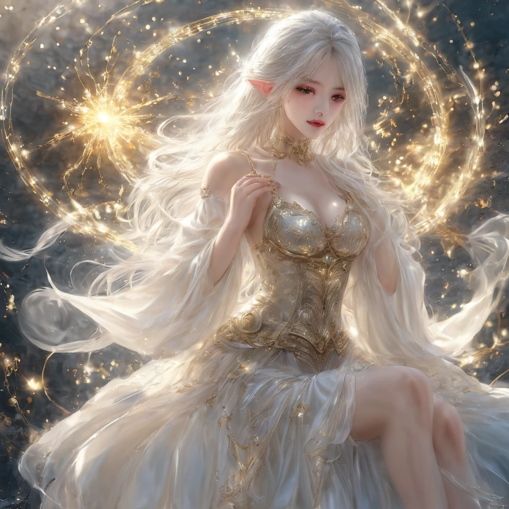  Medieval Girl , １people々々、In underwear、 gold and silver thread embroidery full of light、Translucent underwear that reaches below the knee（Bloomers）wear、wear a semi-transparent corset、Transparent slip、Mysterious、光に満ち溢れた、The picture of the circle of light 