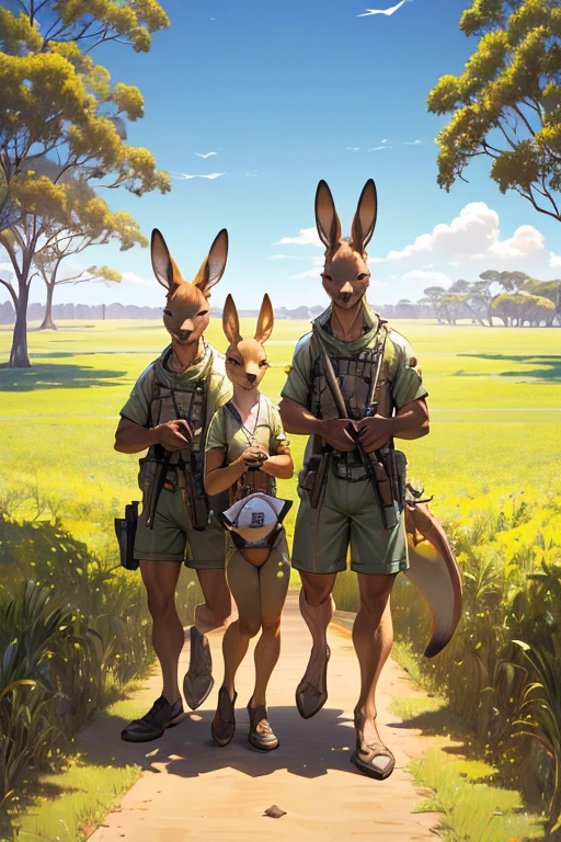 three kangaroos wearing diapers and sunglasses standing on a field, digital art by Alexander Sharpe Ross, shutterstock, digital art, kangaroos, spy kangaroo, australian, subject : kangaroo, subject: kangaroo, aussie, kangaroo, on a hot australian day, australia, in australia, vacation photo, portrait shot, national geographic style”, a hyper realistic, photobashing