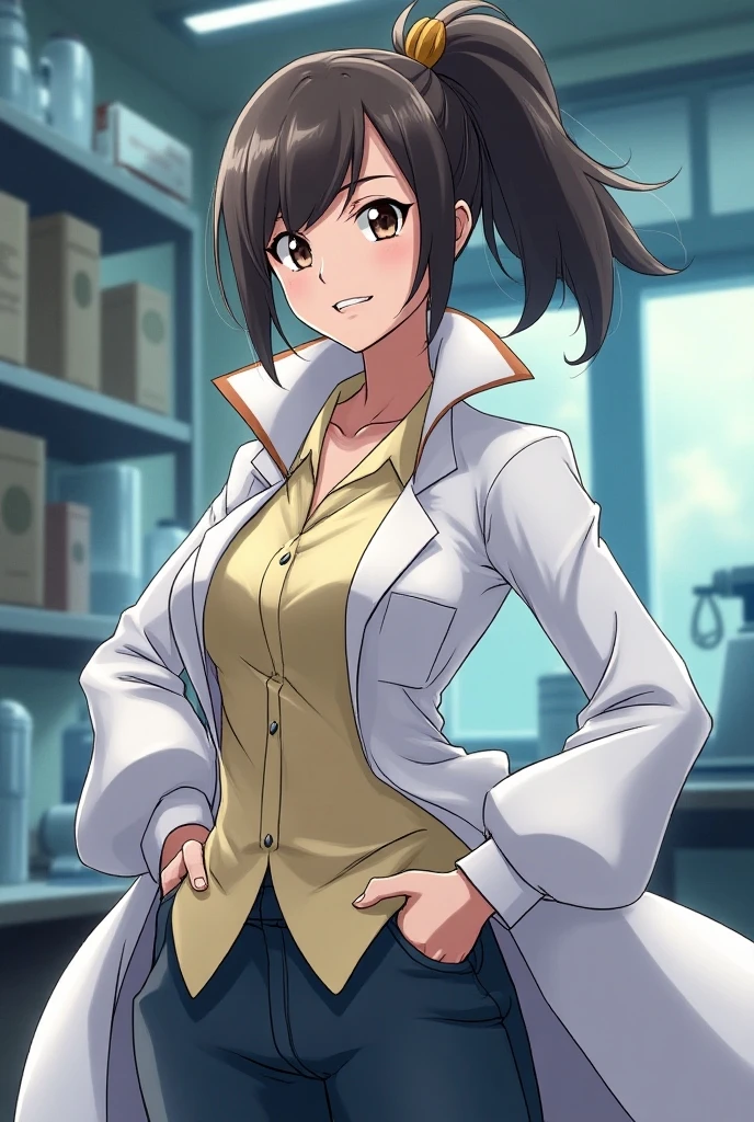 (((Masterpiece))), best quality, cowboy shot, perfect anatomy, realistic face, outdoors, sunny, warm sunlight, backlighting, dramatic lighting, painterly 1girl, solo, three quarter view, large breasts, (off shoulder), light smile, lab coat, necklace, cleavage, one-piece swimsuit, (skindention), contrapposto, hand in pocket
