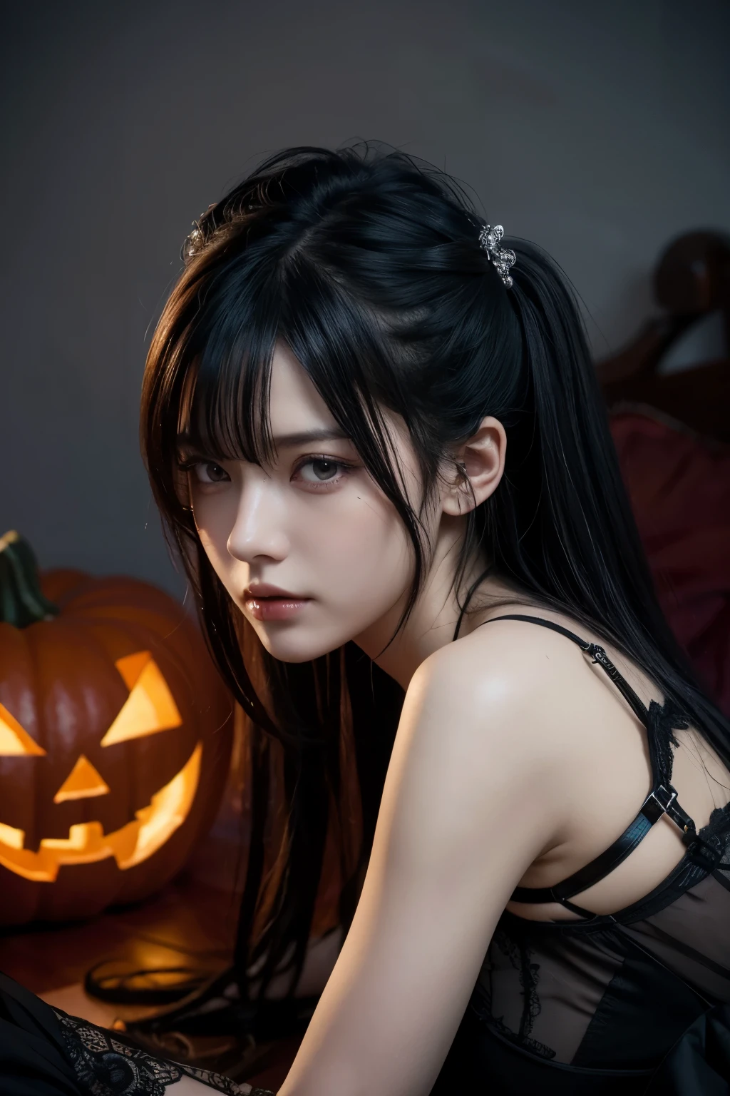 Halloween, Jack O'Lantern in the background, lying down on a bed, wearing see-through black gothic lolita-like lingerie, close eyes, shiny black hair, pompadour hairstyle, twisted bangs, hair is shaggy and dishevelled, silver eyeblow, slendar figure, beautiful white-colored translucent skin, undressing, much exposed skin, no-makeup, {realistic}, {cinematic}, {photogenic}, {detailed rendering}, {cinematic lighting}, {vibrant colors}, {photorealistic}, {best quality}, {8k}, {hyperdetailed}