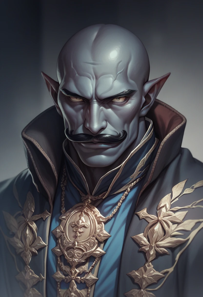 A good looking rakshasa of Indian mythology dark blue skin pointy ear bald head black moustache black eyebrows muscular body dark background