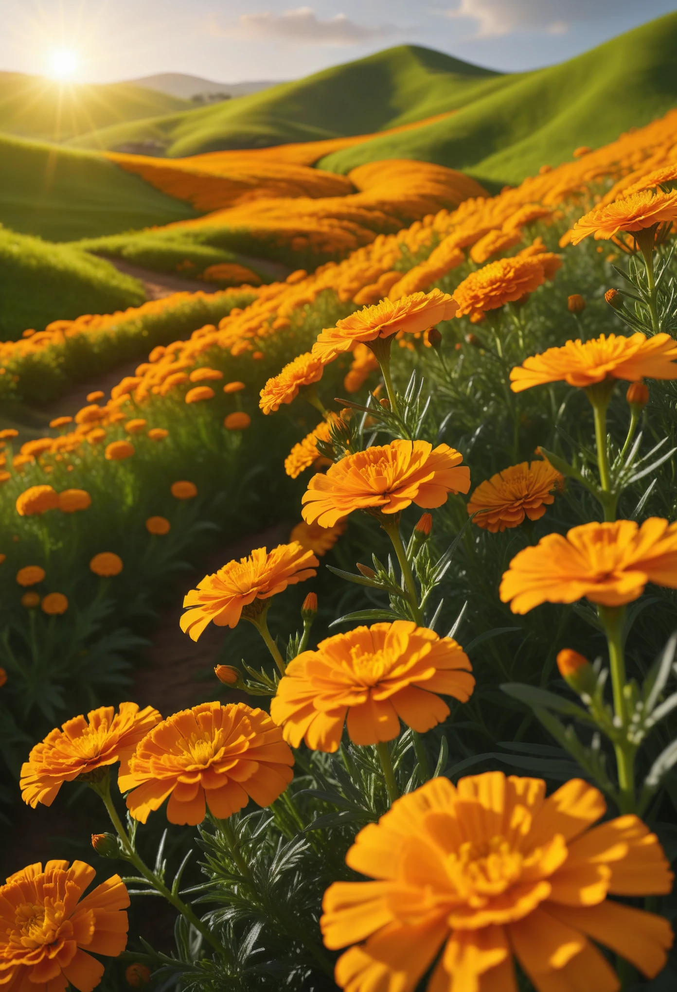  field of marigold flowers、Detailed petals、 bright orange and yellow colors 、Sunlight flowing through the flowers 、 rolling green hills in the background 、Beautiful soft lighting、 photorealistic、masterpiece、8k、 High Resolution 、 digital art