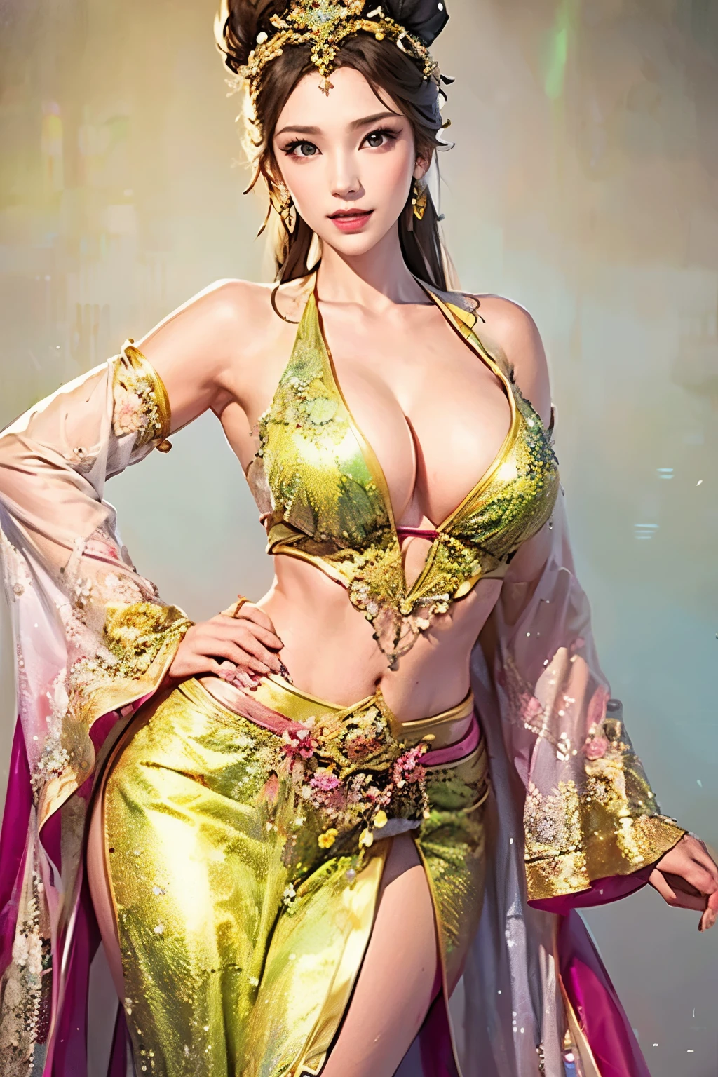  beautiful woman, Three Kingdoms costume ,  dynamic pose, A seductive expression, sexy body, neutral color costume , High definition