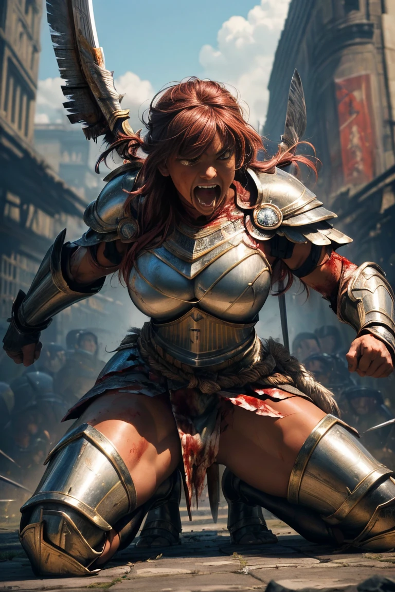 (masterpiece),  best quality , Ultra-detailed (teeth、 wears Valkyrie armor )  high-resolution full-body portrait of a large person in the background,  muscular Valkyrie warrior , teeth、 is known for his extraordinary strength , Kneel, Scream、Bloody , ((((  multiple bodies as a result of bloody battles )))， 1 girl, Beautiful teenager woman