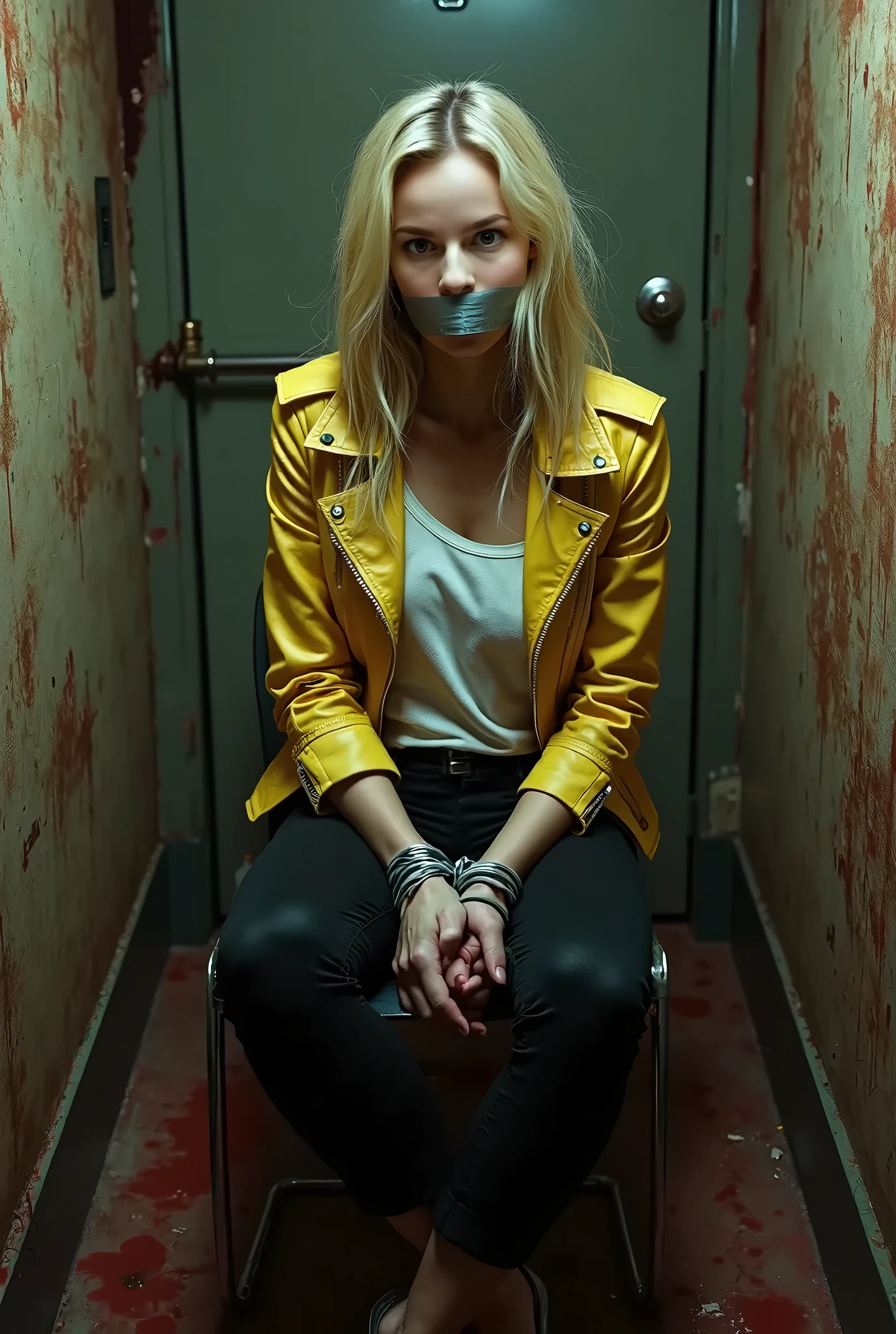 une fille blonde de 18 ans est dans sa cellule de prison. She is handcuffed and in orange prison garb.. She has a red ball gag