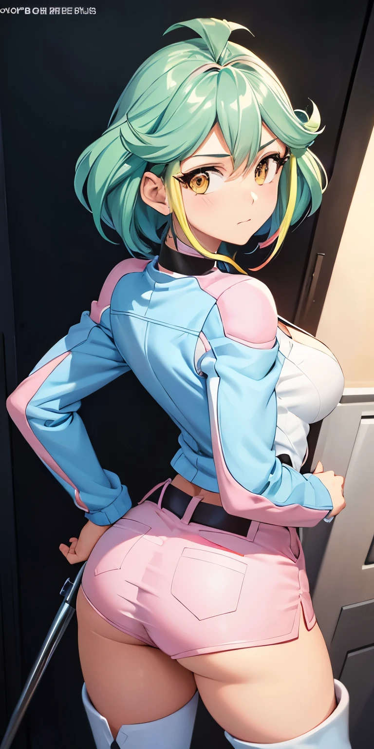 1 Female,High definition,high resolution,Ultra-realistic,8K, rin_arc_v,blue jacket,long sleeves,black choker,(pink shorts),(white boots), multicolored hair,yellow eyes,European,sexy,Upper body close-up,Photographed from the front,Dynamic Angles,private teacher,blush, (small tits), pretty  ,(pov , closed shot:1.3),from behind,huge ass,((show ass))