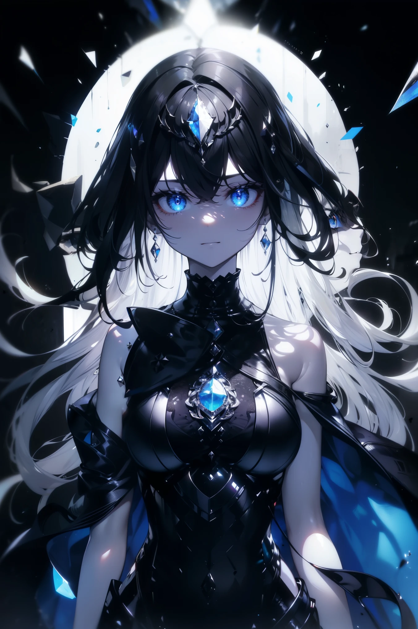 Dark Skin, Anime Women, Happy, Glowing blue eyes, Glowing light blue tattoo, Shiny bright straight hair, Wearing a black dress, Black rose in hair、A woman with long hair and blue eyes dressed in black
