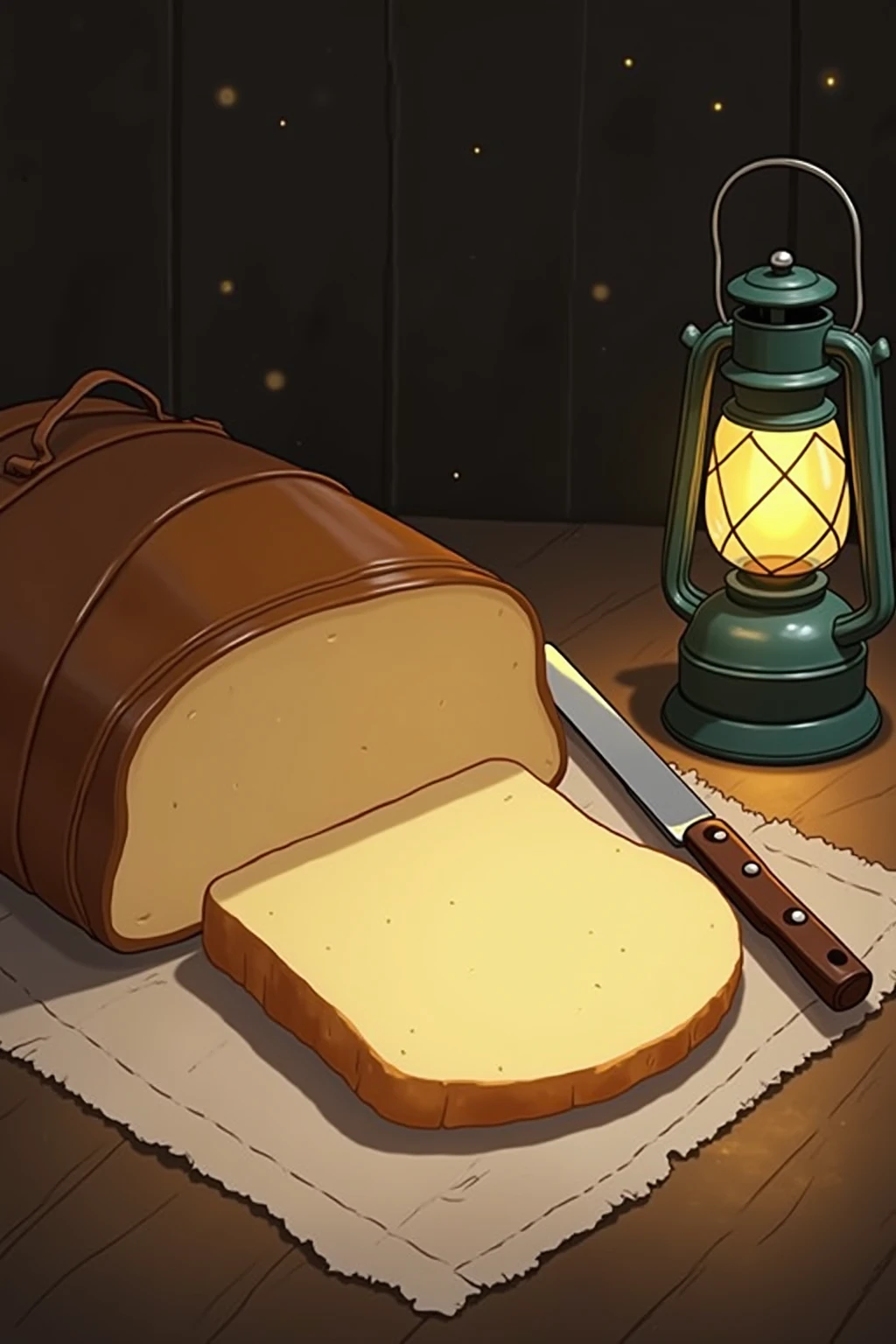 (Best Quality,Very detailed depiction, Incredible High Resolution , Ghibli Style Animated Images ,),A large leather bag, a slice of bread, a knife, and a lantern are placed on the table,Laughter's View of the World , large slice of bread ,Focus on bread 