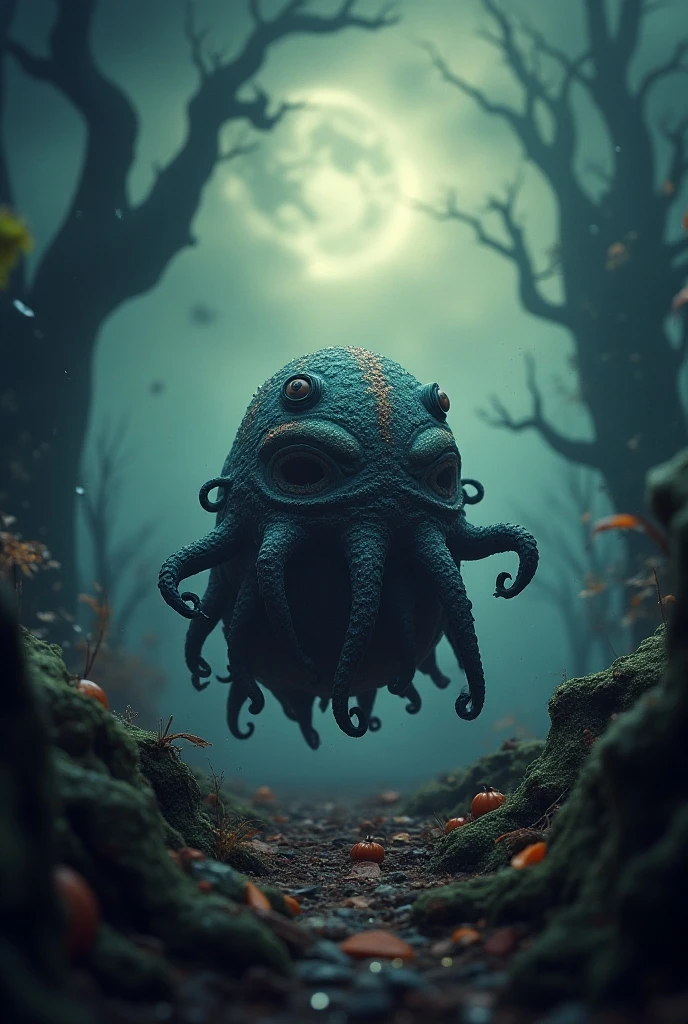 create an image where Courage the Cowardly Dog faces a Lovecraftian monster with indescribable and tentacle-like characteristics