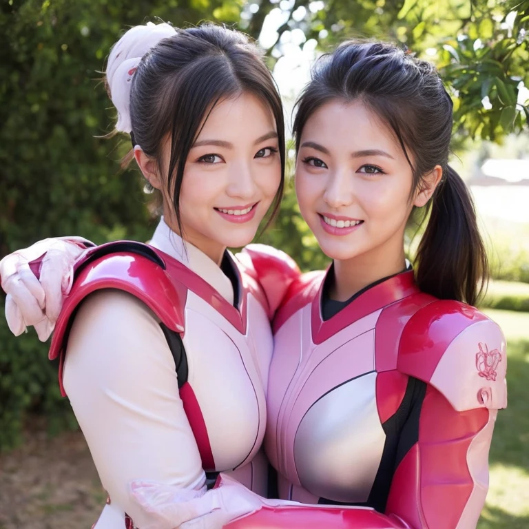 （super highest quality、In 8K、Masseter muscle area、Delicate illustrations、Upper Body:1.5）,Wearing a dark pink and white combat suit:1.5、A beautiful and attractive 25-year-old Japanese woman、Plump body、H Cup:1.5,Black hair ponytail、smile