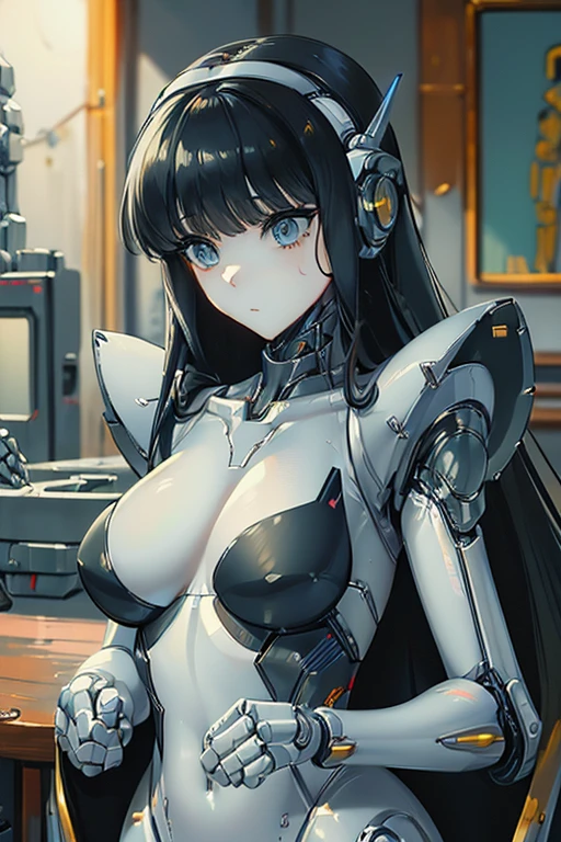 (masterpiece),(Highest quality),(Super detailed),(Best illustrations),(Best Shadow),(Absurd),(Detailed Background),(so beautiful), 16K, 8K, 4K,(Best Shadow),robotization,woman ,big bust,Robot Joint ,Metal skin,Black robot Suit,long hair,a black robot suit that covers the whole body,robot hand,cyber bodysuit,mecha head,(Detailed hands and fingers:1.2),Ball joint robot body,doll joint,beautiful face,beautiful robot girl,robotic eye,robotic hands,(no more human skin),android girl,cyborg girl,F cup, sexy body,(machine made joints:1.2),(machanical limbs:1.1),(blood vessels connected to tubes),(mechanical vertebra attaching to back),(mechanical cervial attaching to neck),no messy picture style,no emotion,leotard