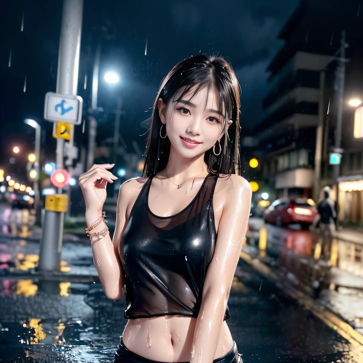 Beautiful in the rain，Wet sports vest，The light of the street lamp，canon 6d，full bodyesbian，perfect bodies，nabel，beautifullegs，real photograph，Focus on the face，detail-rich，Wet hair，HD imaging