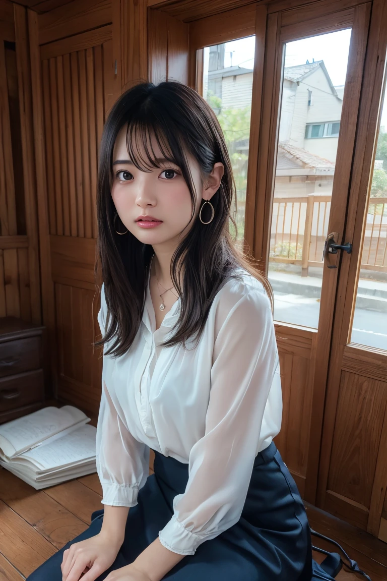 Close up portrait of woman in skirt and shirt, Japan model, Korean woman fashion model, wearing white shirt, wearing blouse, mid-shot portrait in white shirt, Yoshitomo Nara, cute young woman, Dillavadi Rumrat, beautiful asian girl, gorgeous young Korean woman, close-up portrait shot, finger biting --auto --s2
