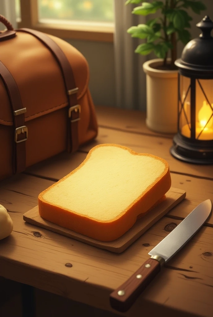 (Best Quality,Very detailed depiction, Incredible High Resolution , Ghibli Style Animated Images ,),A large leather bag, a slice of bread, a knife, and a lantern are placed on the table,Laughter's View of the World , large slice of bread ,Focus on bread 