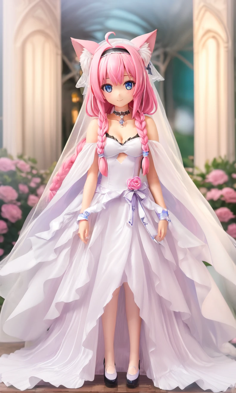 masterpiece, best quality, highly detailed, high resolution, expensive resolution, high resolution, 4K, 8k, Unity 8k wallpaper, highly detailed CG, masterpiece, 2D, 3D, beautiful details, depth, fine texture, best quality: 1.3, perfect focus, crisp skin, him, very cute anime girl, bikini, wedding veil with hibiscus decoration, full body big breasts, pink medium long hair in expensive clothes, mole under eye, looking at the viewer, expensive, blush, mole, open lips, heart, pink eyes, choker