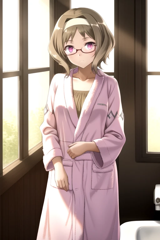 1girl, solo, glasses, (pink eyes:1.4), (glowing eyes:1.5), brown hair, short hair, hairband, medium breasts, 
BREAK (bathrobe:1.4),
BREAK (expressionless:1.1),
BREAK (standing:1.1), 
BREAK (from front, cowboy shot:1.1), (bed room:1.2),
BREAK (illustration:1.1),
BREAK (masterpiece, best quality, ultra detailed, professional quality:1.2), (high resolution, textile shading:1.3), (caustics, ambient light, sunlight, hard shadows), (HD), rich contrast,