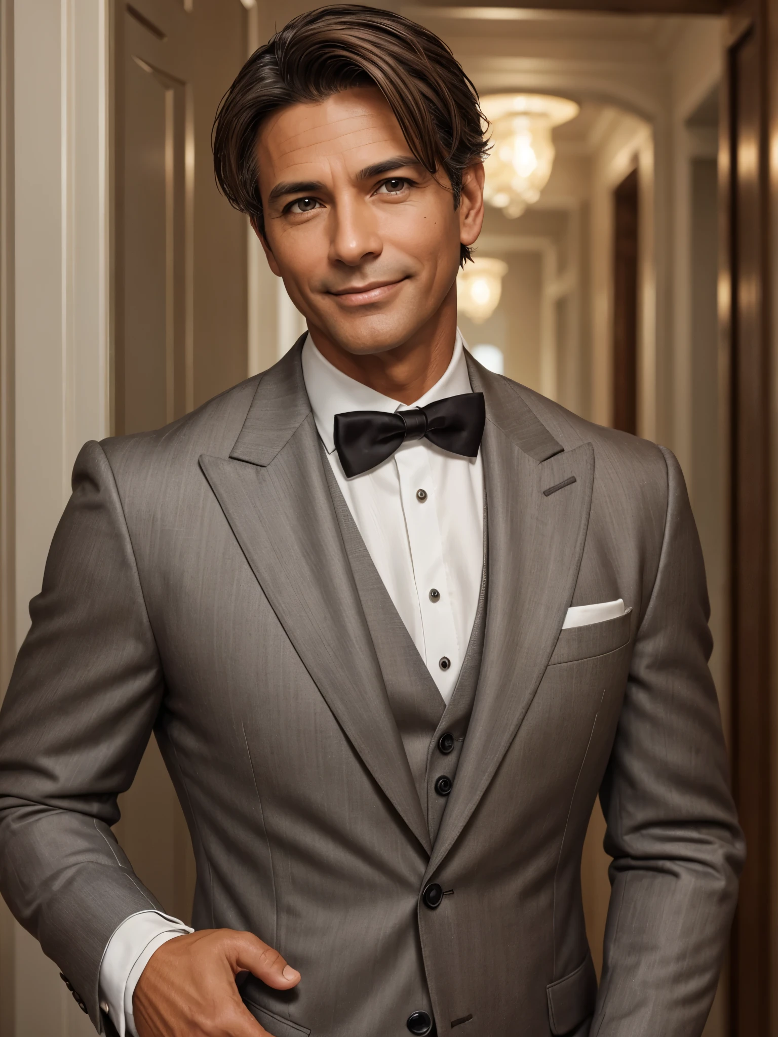 (best quality), 1boy, Male, mature male, 45 years old, tanned skin, brown hair, grey streaks, short hair, brown eyes, perfect eyes, polite smile, handsome, butler, strong jawline, suit, white gloves, masterpiece, anatomically correct, highres
