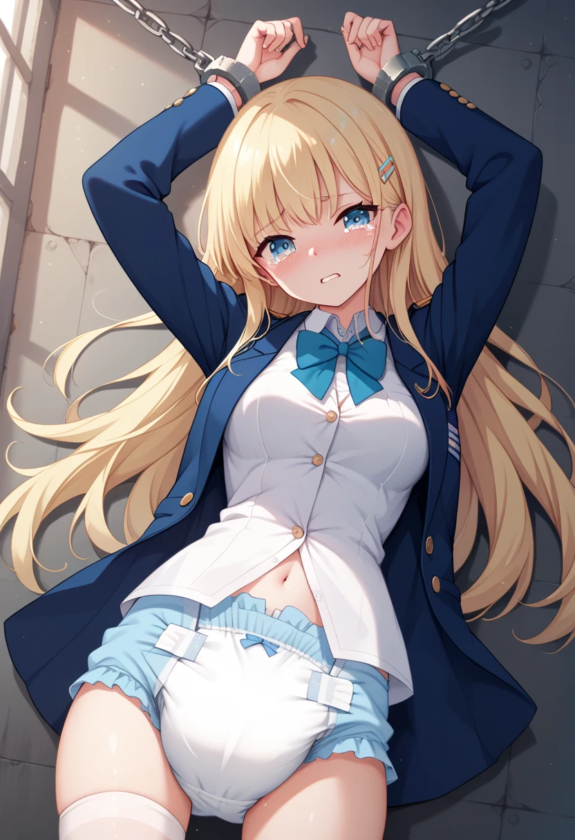 Beautiful long blonde　girl wearing a navy blue blazer 　  navy blue miniskirt 　 Long Sleeve 　whole body　diaper　 crouches with her crotch open　 cowboy shots　Chained handcuffs　((Teary-eyed))　Underground Prison　 metal collars in prison