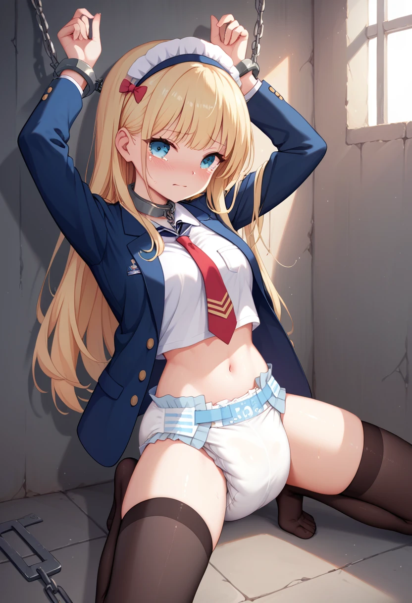 Beautiful long blonde　girl wearing a navy blue blazer 　  navy blue miniskirt 　 Long Sleeve 　whole body　diaper　 crouches with her crotch open　 cowboy shots　Chained handcuffs　((Teary-eyed))　Underground Prison　 metal collars in prison