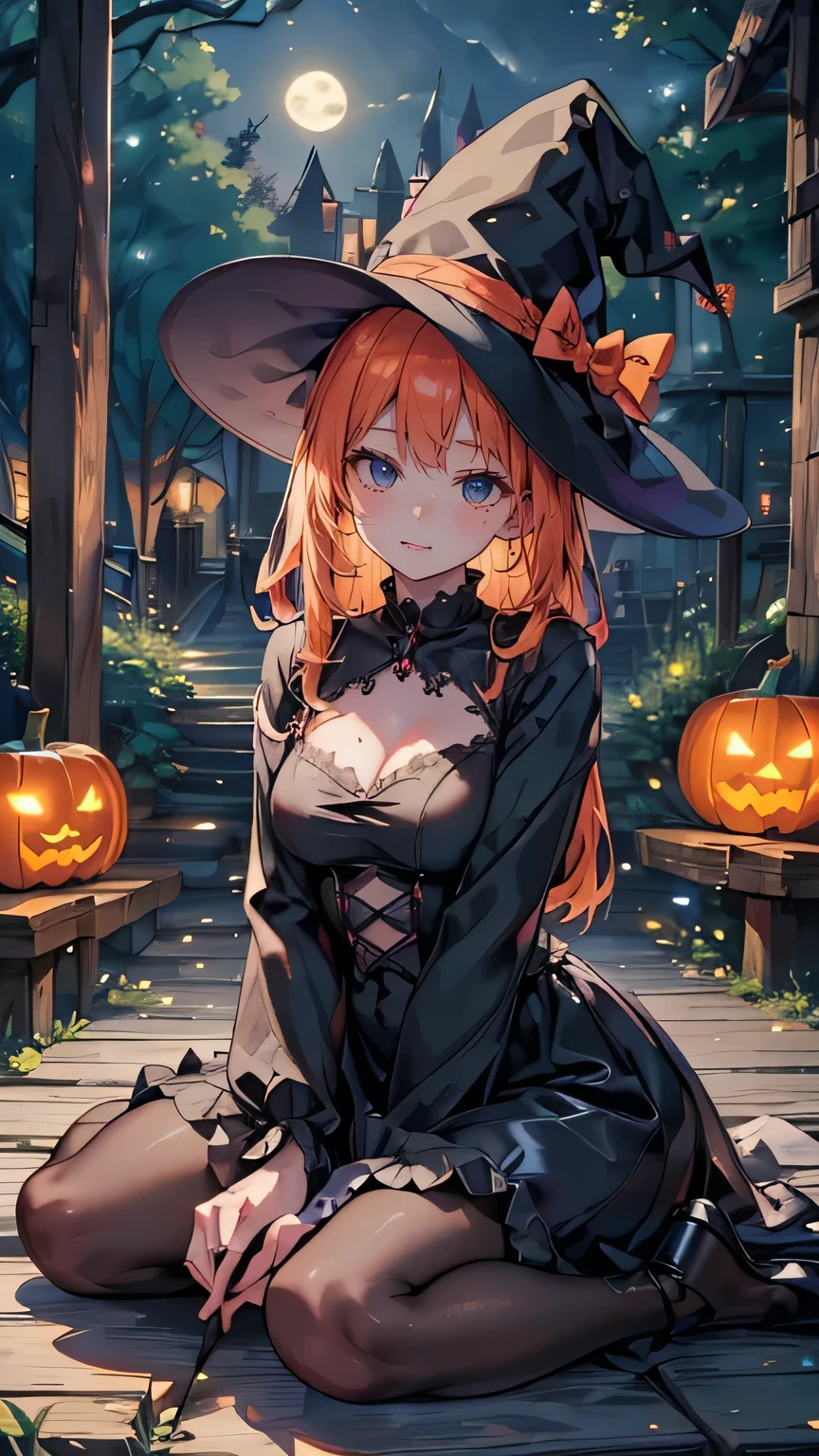 Spooky Witch in a Cute Trick or Treat Outfit, Halloween Decorations , Pumpkin, full moon, Haunted Forest , Bats, ( best quality,4K,8k, High Resolution ,masterpiece:1.2),Super detailed,(Realistic,photoRealistic,photo-Realistic:1.37),Vibrant colors,Cinema Lighting,Fantastic,Magical