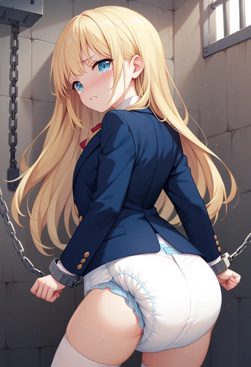 Beautiful long blonde　girl wearing a navy blue blazer 　  navy blue miniskirt 　 Long Sleeve 　whole body　diaper　 crouches with her crotch open　 cowboy shots　Chained handcuffs　((Teary-eyed))　Underground Prison　 metal collars in prison