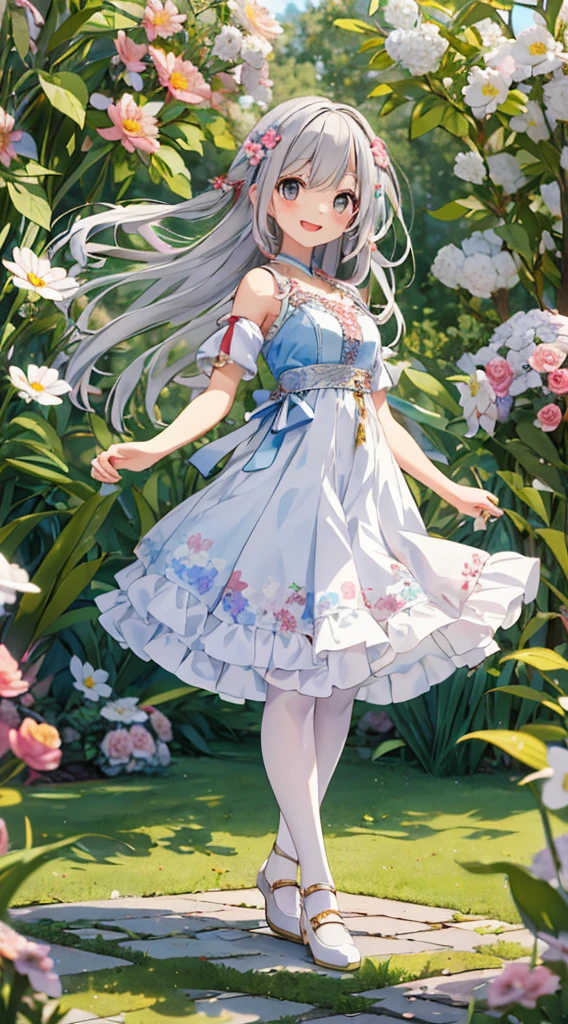 (masterpiece、top-quality、 super high quality 、High quality images、  very delicate sentence ) a silver-haired twin-tailed girl standing in a beautiful garden、smile、 she has a big bouquet of flowers 、Cute ethnic dress， there are ruffles on her shoulders 、 Hair Fluttering in the Wind ，( white pantyhose )、Looking out 