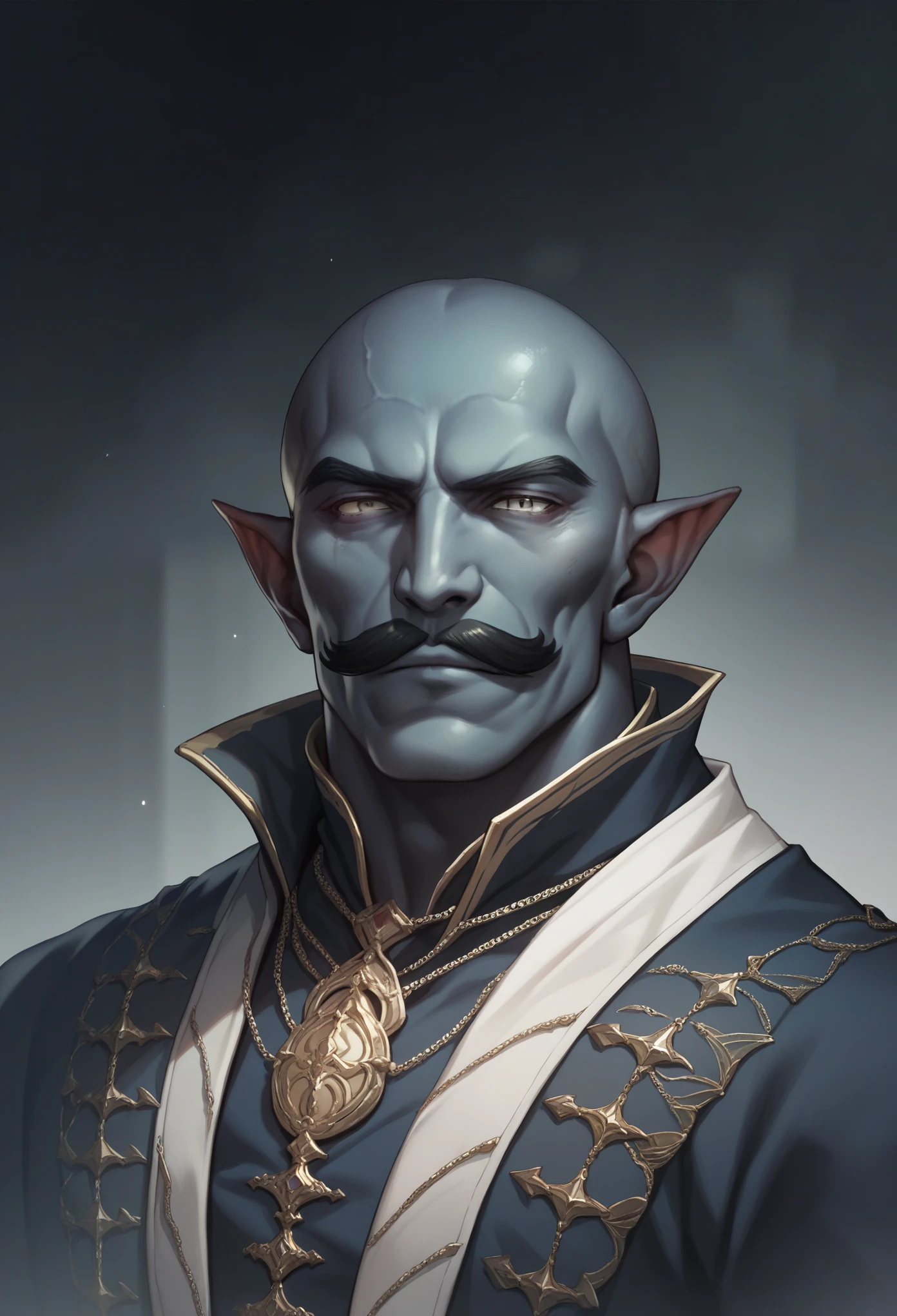 A good looking rakshasa of Indian mythology dark blue skin pointy ear bald head black moustache black eyebrows muscular body dark background