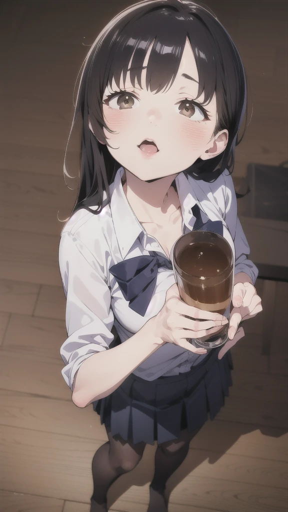 1boy,1woman,mature woman holding boy's penis,blowjob,woman,black hair,woman face focus,look up,sweaty,bowtie,dress shirt,at nightclub,cum,detailed skin,(blushed and happy),shaking effect,short hair,looking up,teary eyes,excessive cum in mouth,showing cum in mouth