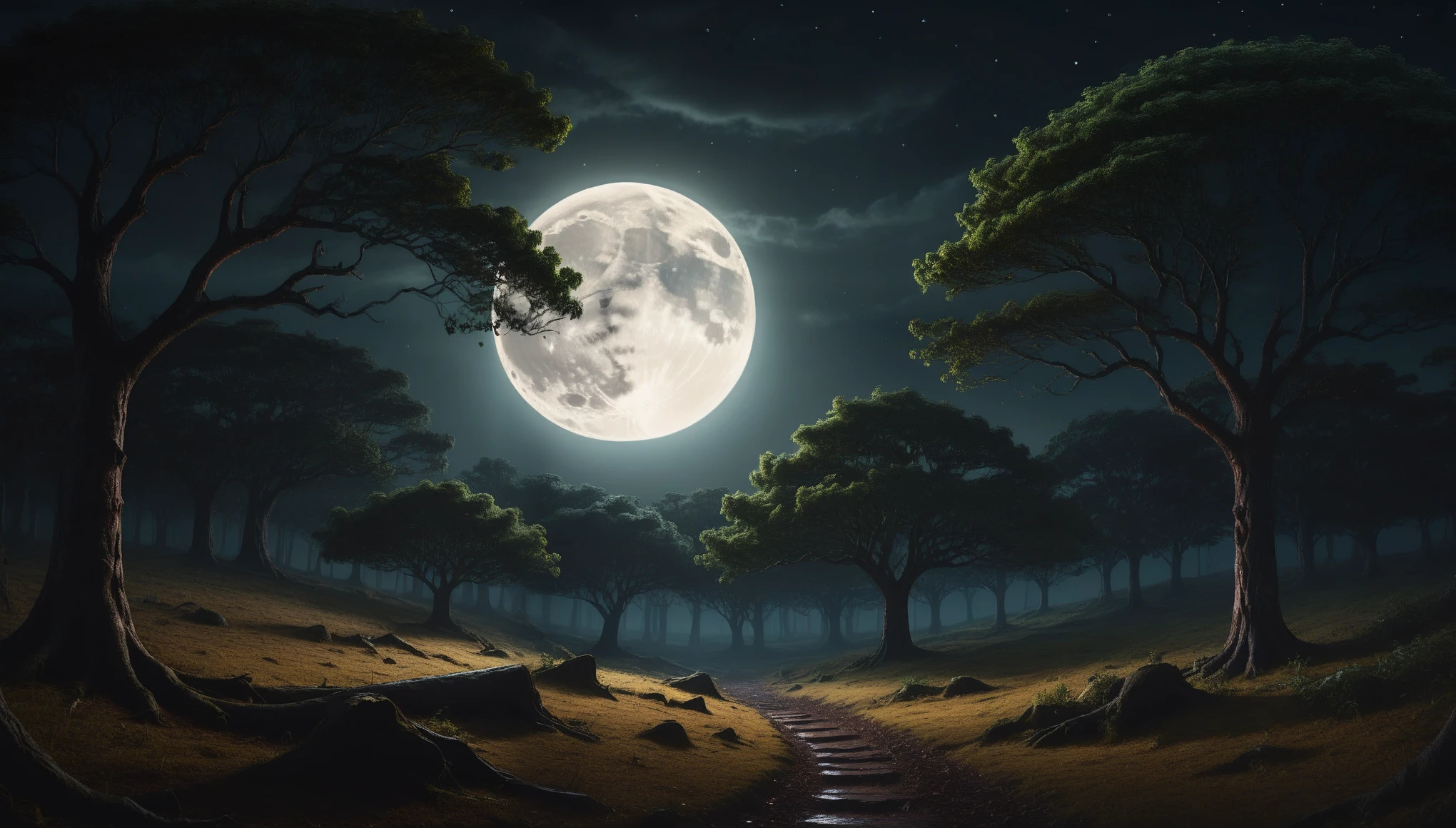 a mysterious dark forest with a giant full moon, detailed moonlit landscape, dramatic lighting, cinematic composition, moody atmosphere, highly detailed, photorealistic, 8k, (best quality,4k,8k,highres,masterpiece:1.2),ultra-detailed,(realistic,photorealistic,photo-realistic:1.37),dramatic moonlight,dense foliage,ancient trees,dramatic shadows,mystical woodland,spooky forest,beautiful night sky,glowing moon,intricate details,vibrant colors,magical realism