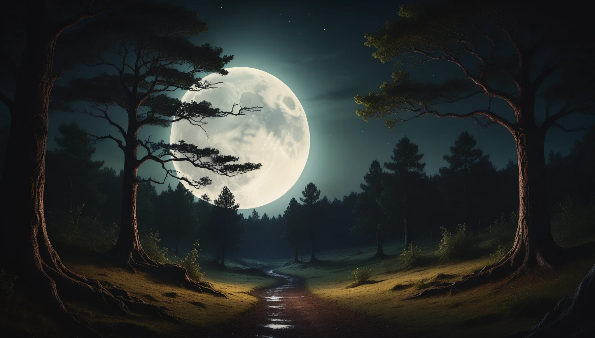 a mysterious dark forest with a giant full moon, detailed moonlit landscape, dramatic lighting, cinematic composition, moody atmosphere, highly detailed, photorealistic, 8k, (best quality,4k,8k,highres,masterpiece:1.2),ultra-detailed,(realistic,photorealistic,photo-realistic:1.37),dramatic moonlight,dense foliage,ancient trees,dramatic shadows,mystical woodland,spooky forest,beautiful night sky,glowing moon,intricate details,vibrant colors,magical realism