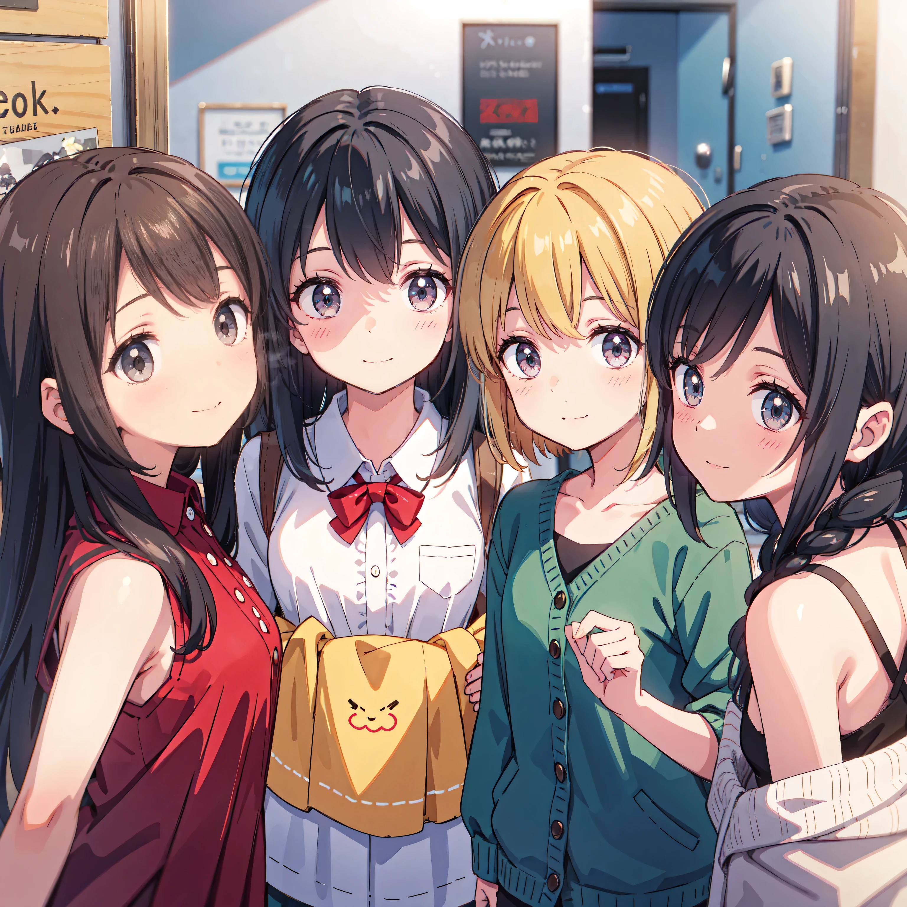 masterpiece、 cute girl 、poor、Happy smile、 Beautiful background ,  four girls 