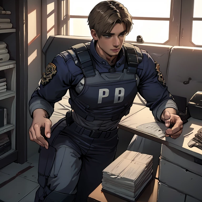 (  very detailed CG), (  best quality), (  very detailed CG), (  best quality), (. Kennedy), (Overall view) SWAT Clothing, Beautiful and attractive young man,  toned muscles