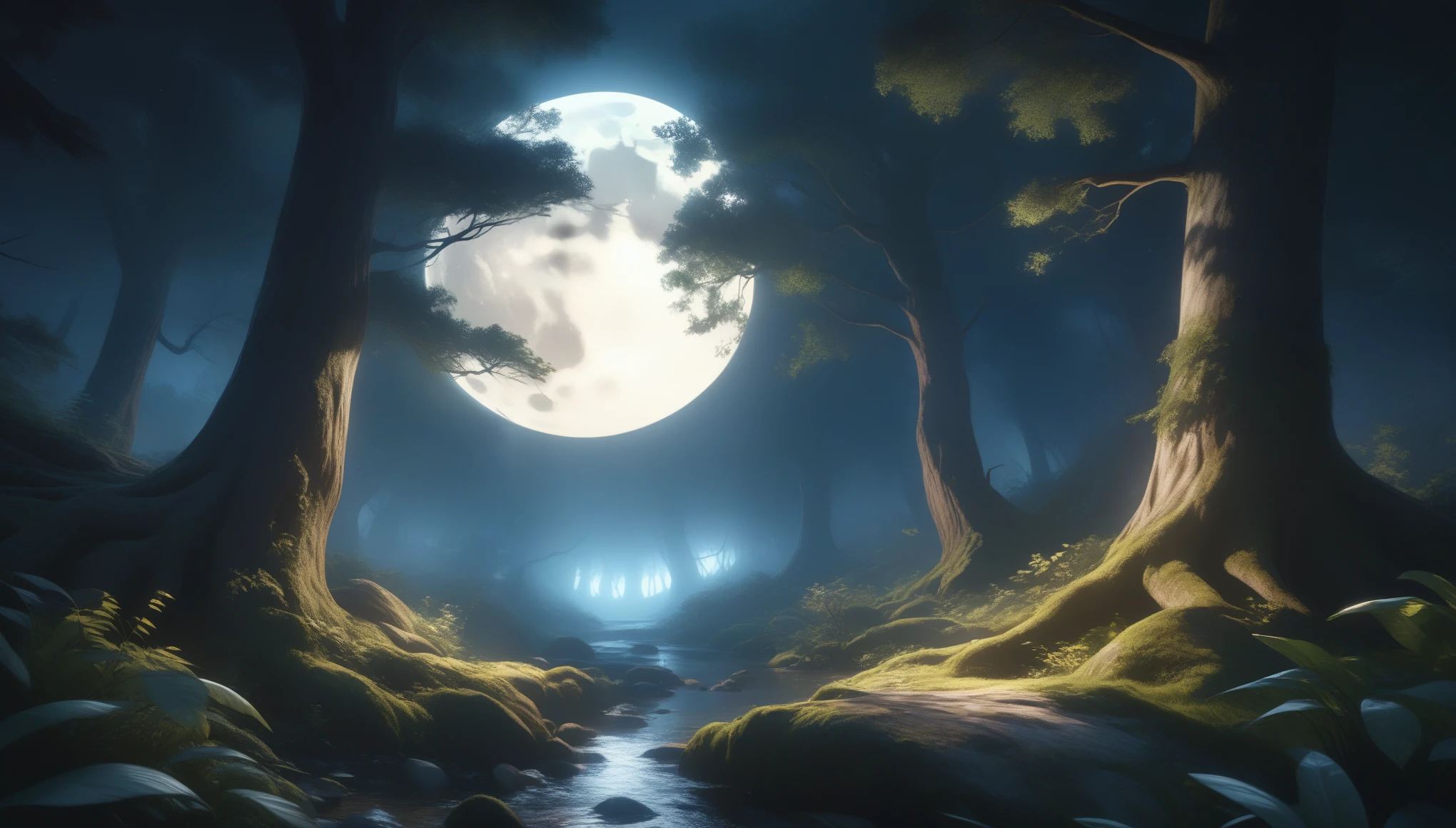 a mysterious dark forest with a giant full moon, detailed moonlit landscape, dramatic lighting, cinematic composition, moody atmosphere, highly detailed, photorealistic, 8k, (best quality,4k,8k,highres,masterpiece:1.2),ultra-detailed,(realistic,photorealistic,photo-realistic:1.37),dramatic moonlight,dense foliage,ancient trees,dramatic shadows,mystical woodland,spooky forest,beautiful night sky,glowing moon,intricate details,vibrant colors,magical realism