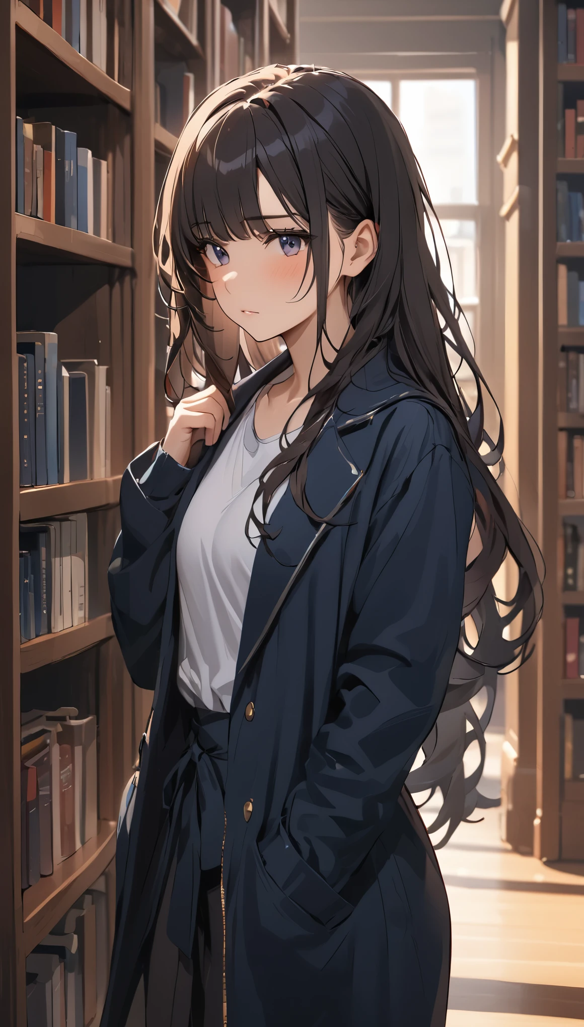 (masterpiece), One Girl, long hair, Black Hair, A woman standing by a bookshelf, looking disappointed