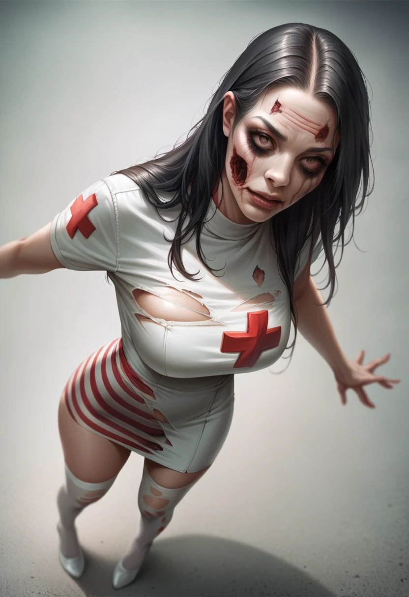 Photorealistic, high resolution, A Japanese Zombie Nurse woman named Kimmi, solo, heavy makeup, Hips up, (Detailed face), Black hair, Long hair. Red striped underwear , Ripped white stockings . Fully clothed Long white leather dress. From above 