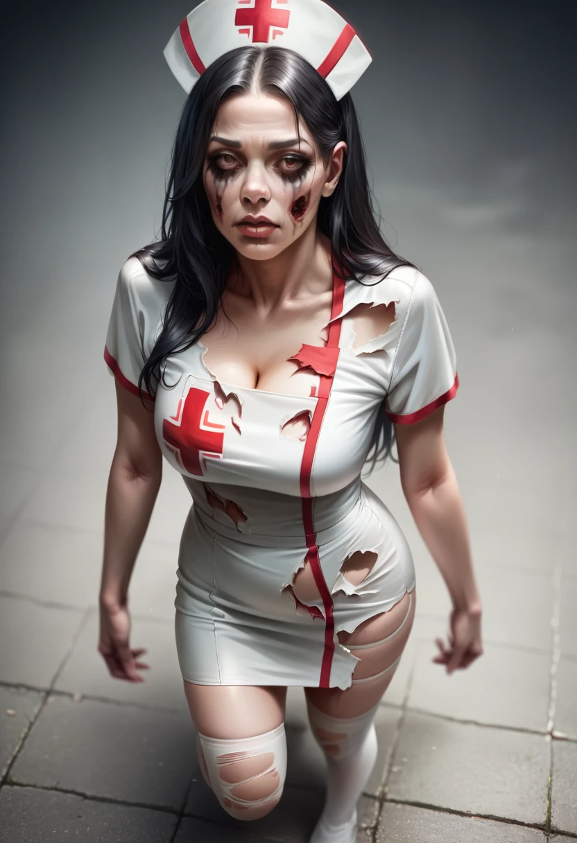 Photorealistic, high resolution, A Japanese Zombie Nurse woman named Kimmi, solo, heavy makeup, Hips up, (Detailed face), Black hair, Long hair. Red striped underwear , Ripped white stockings . Fully clothed Long white leather dress. From above 