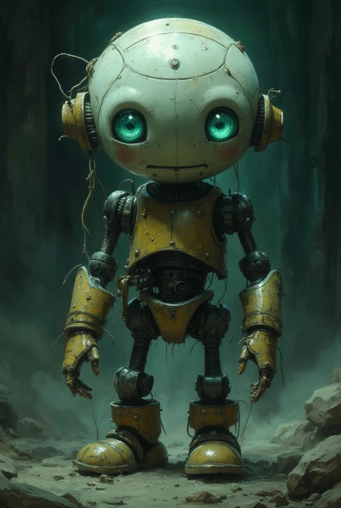 Full length view. Little funny robot, porcelain face and head, big turquoise eyes, best quality.  digital painting, high quality, the darkest and longest night of the year, style by Ralph Blakelock, Ed Emshwiller, Marianne Wroten, Arthur Rackham, Niko Anttila.
