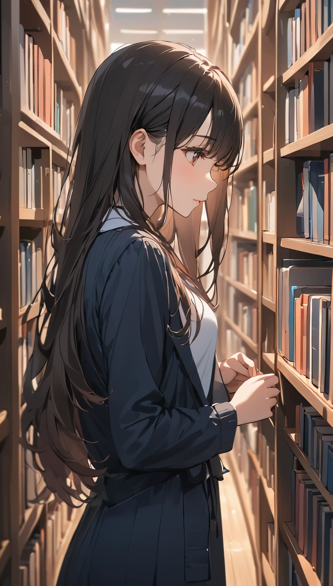 (masterpiece), One Girl, long hair, Black Hair, A woman browsing through bookshelves, her attention focused on the rows of books