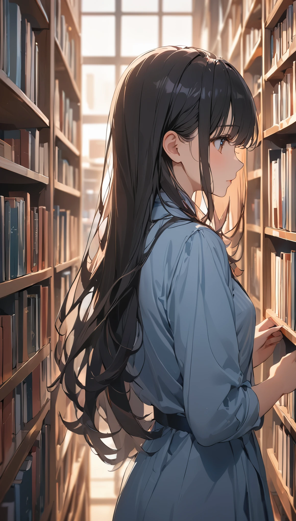 (masterpiece), One Girl, long hair, Black Hair, A woman browsing through bookshelves, her attention focused on the rows of books