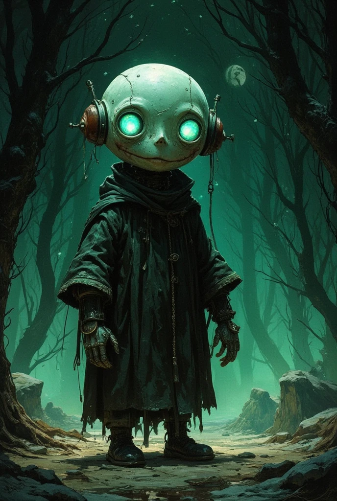 Full length view. Little funny robot, porcelain face and head, big turquoise eyes, best quality.  digital painting, high quality, the darkest and longest night of the year, style by Ralph Blakelock, Ed Emshwiller, Marianne Wroten, Arthur Rackham, Niko Anttila.
