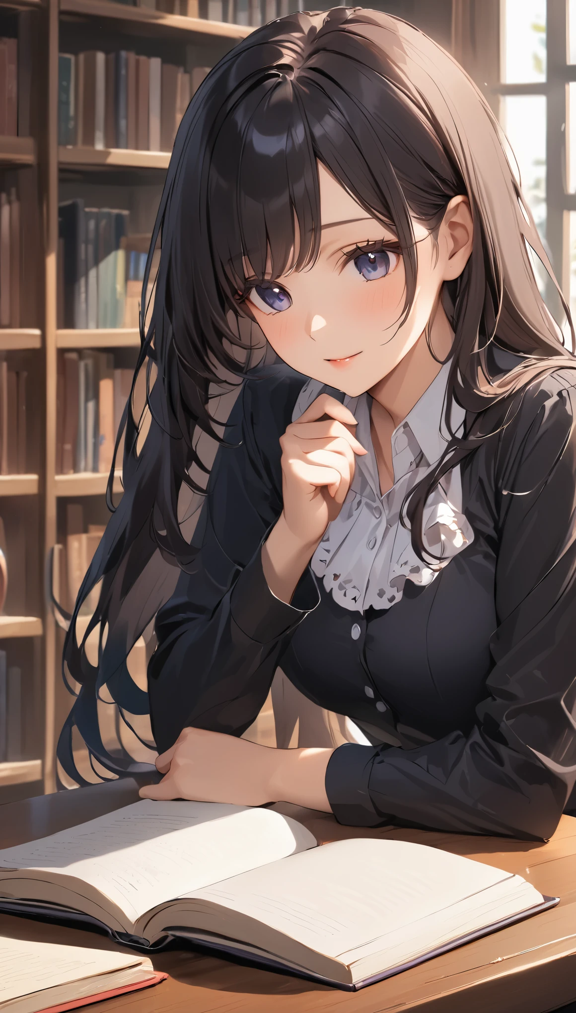 (masterpiece), One Girl, long hair, Black Hair, A woman sitting across from someone at a library table, sharing a book, the soft sound of turning pages