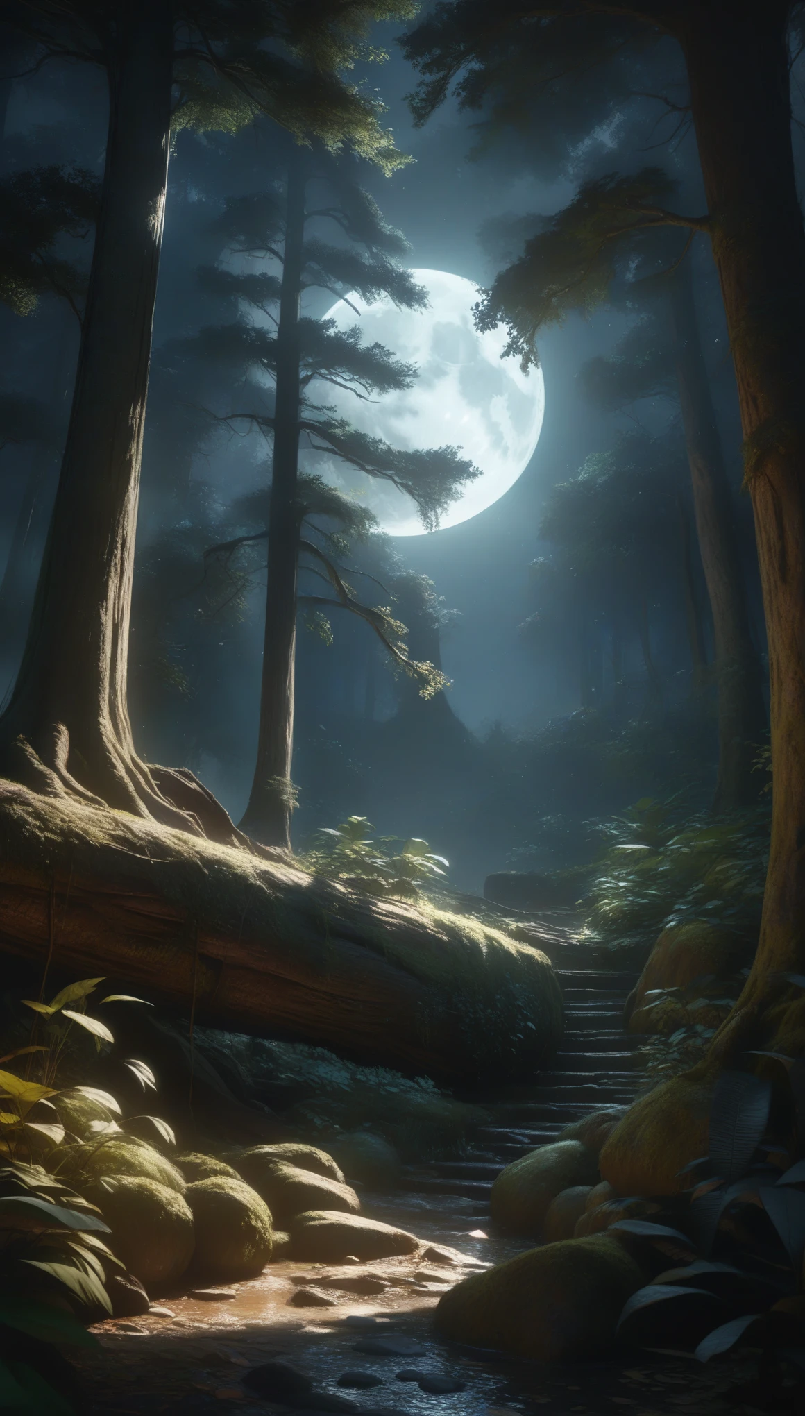 a mysterious dark forest with a giant full moon, detailed moonlit landscape, dramatic lighting, cinematic composition, moody atmosphere, highly detailed, photorealistic, 8k, (best quality,4k,8k,highres,masterpiece:1.2),ultra-detailed,(realistic,photorealistic,photo-realistic:1.37),dramatic moonlight,dense foliage,ancient trees,dramatic shadows,mystical woodland,spooky forest,beautiful night sky,glowing moon,intricate details,vibrant colors,magical realism