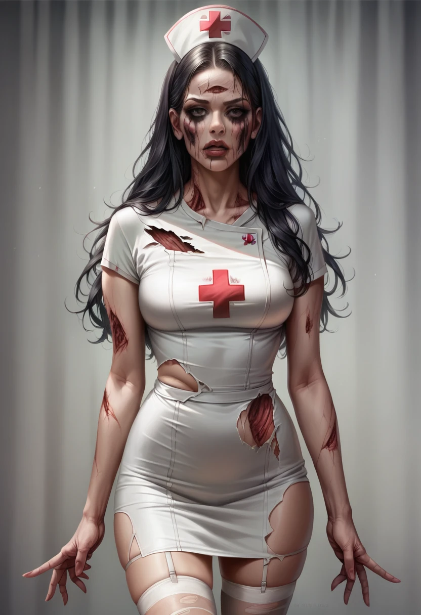 Photorealistic, high resolution, A Japanese Zombie Nurse woman named Kimmi, solo, heavy makeup, Hips up, (Detailed face), Black hair, Long hair. Red striped underwear , Ripped white stockings . Fully clothed ripped Long white leather dress.