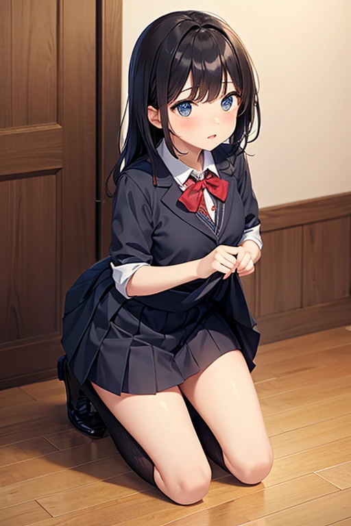 （hair band, Black sailor collar, Black Blazer, Black bow tie, Long sleeve, Pleated skirt）一人のgirl,High resolution, ,Full nudity、girl、cute 、Thick pubic hair、Nipples、Thighs、The Gaze of Love、Sweaty body、Young Face、Beautiful Face, Photorealistic images、In detail、masterpiece,Lift your legs,Wear knee-high socks,A body that is structurally identical to the human body、Gothic Lolita