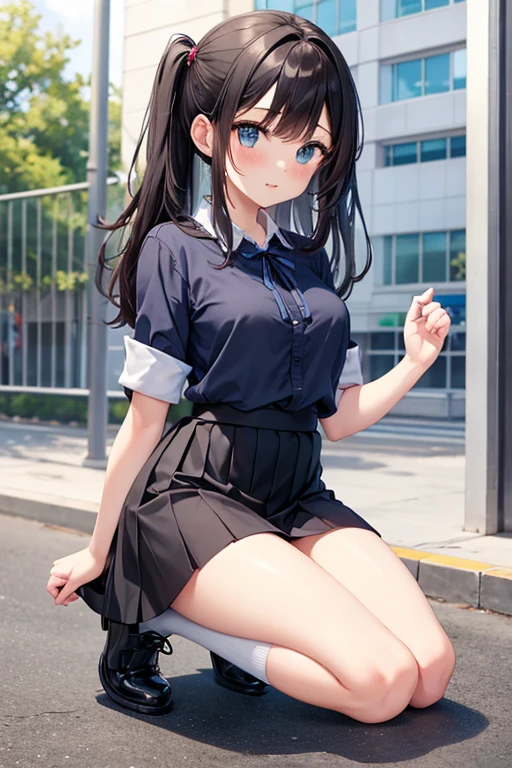 very cute and beautiful girl,(Very detailed美しい顔), (smile),blush,Black Hair,Seraphim,(White Shirt、Pleated navy blue pread your legs、Squat)、Sitting、(From below)、(Lacy white panties), Country road、Distant Tree々and the city, (Highest quality,masterpiece:1.0),Absurd,High resolution,Super detailed,Very detailed,32K,8k resolution, Intricate details,Movie Scenes,Detailed Background,alone,Dynamic Angle,