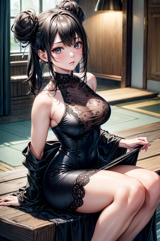 A woman of ultimate beauty, extra detailed face, Perfect Lighting, Ultra-detailed, Best Quality, masutepiece:1.2, High resolution,Medium Shorthair:1.5,north rib dress:1.5, stick out a long tongue:1.2,Large breasts:1, Squatting posture:1.1, Spread legs wide:1.1,From below,asagi