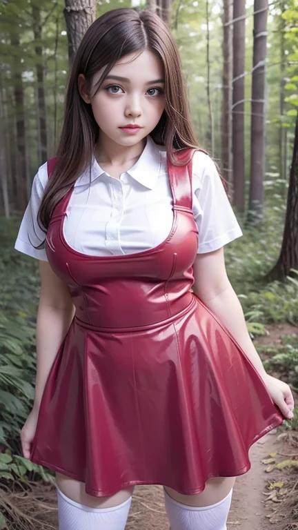 Cute young beautiful curvy schoolgirl , beautiful teen face, red leather skater pinafore dress , transparent white blouse, short sleeves, red silk tie , brunette long hair, beautiful eyes. stockings, Sneakers, schoolgirl - standing in the woods , photorealistic , sad face, skater pinafore, skater dress, full size figure